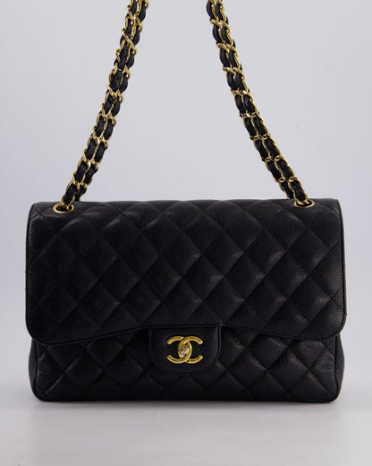Chanel Black Jumbo Classic Double Flap Bag in Caviar Leather with Gold Hardware