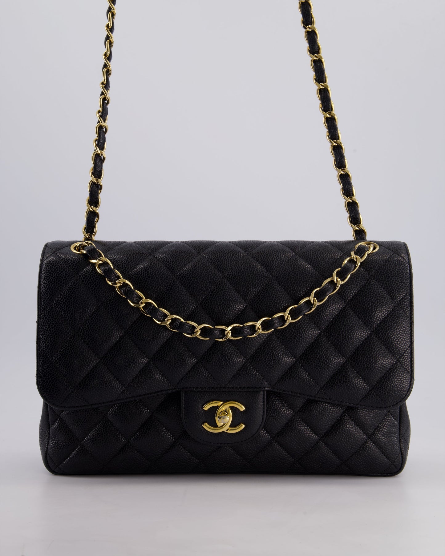 Chanel Black Jumbo Classic Double Flap Bag in Caviar Leather with Gold Hardware