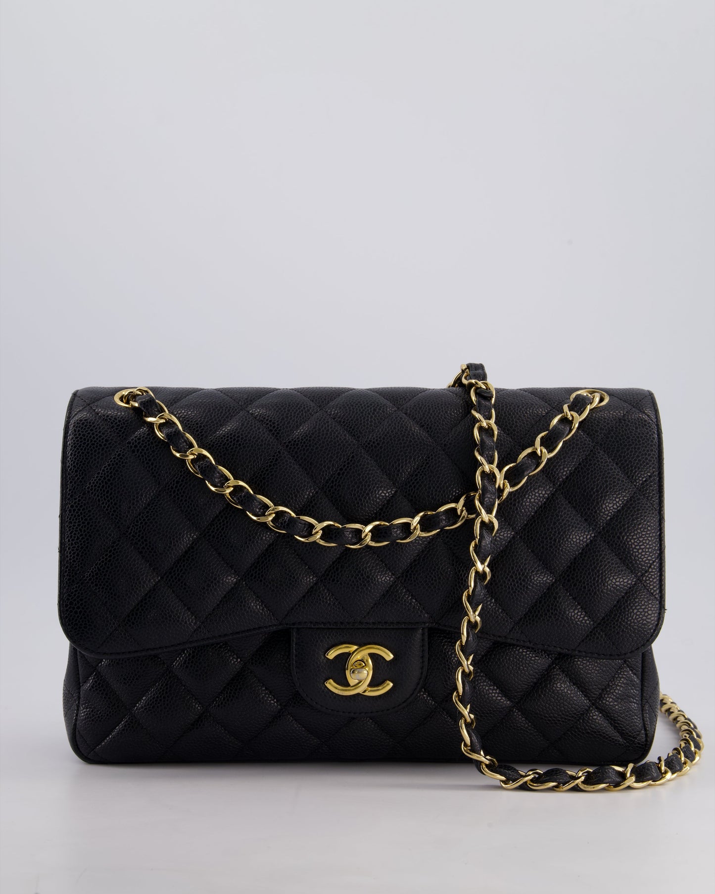 Chanel Black Jumbo Classic Double Flap Bag in Caviar Leather with Gold Hardware