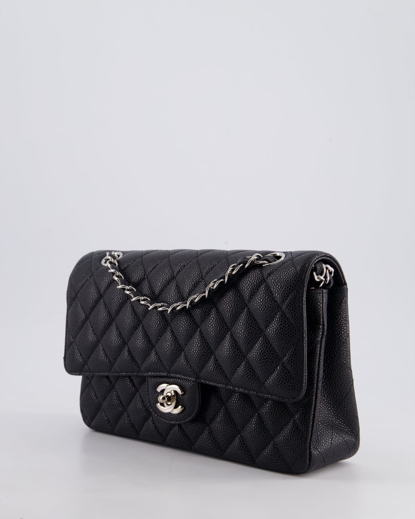 Chanel Medium Black Classic Double Flap Bag in Caviar Leather with Silver Hardware