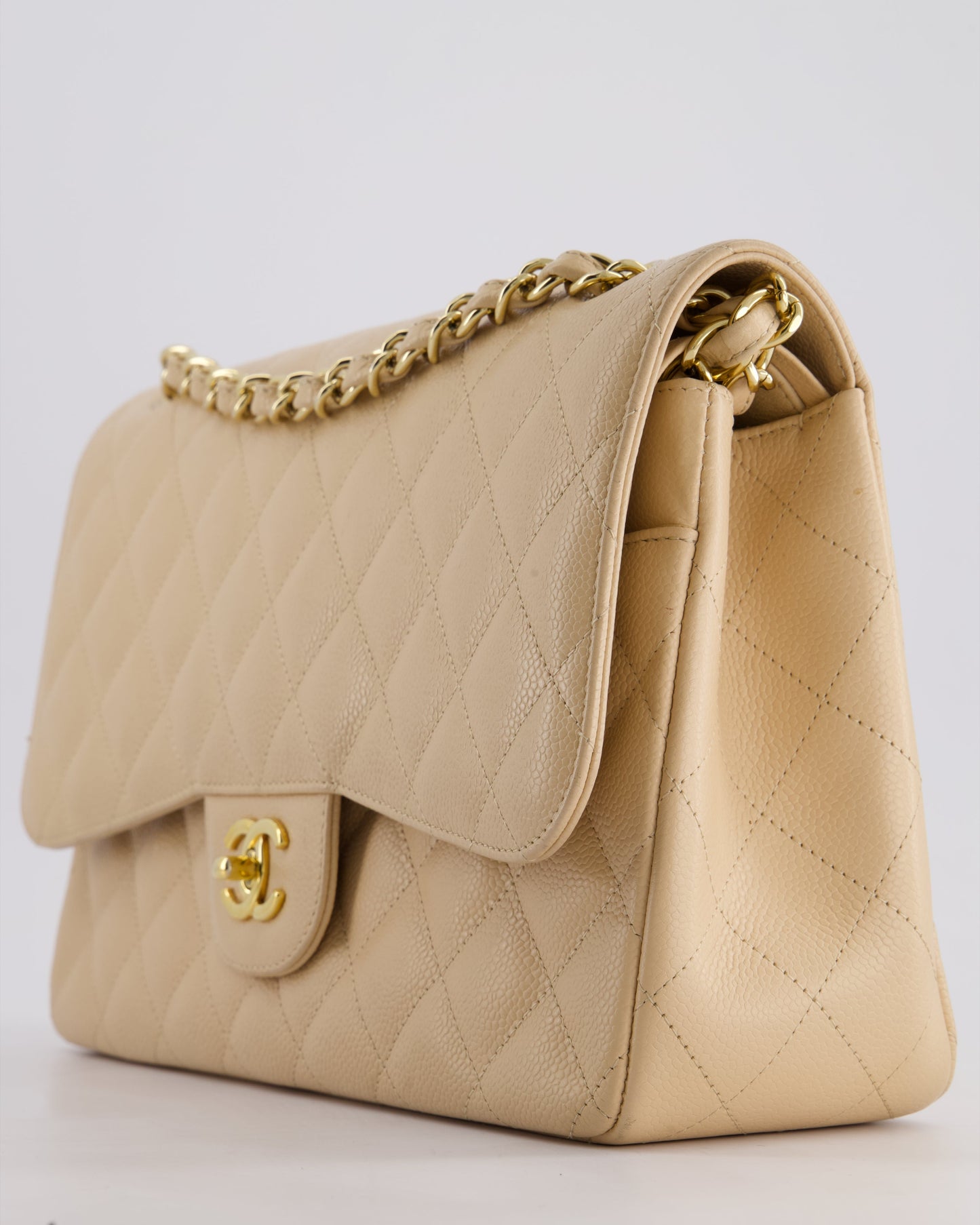 Chanel Beige Jumbo Classic Double Flap Bag in Caviar Leather with Gold Hardware