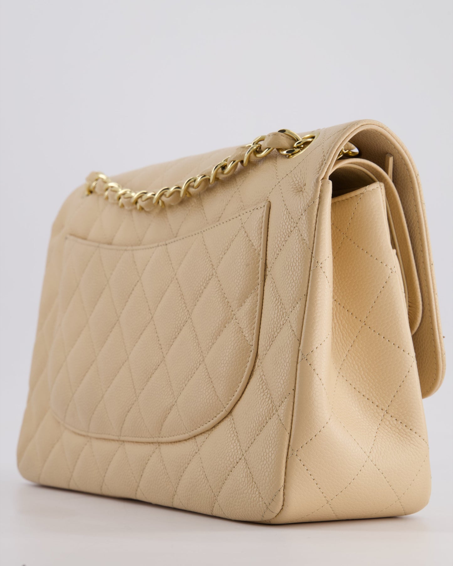 Chanel Beige Jumbo Classic Double Flap Bag in Caviar Leather with Gold Hardware