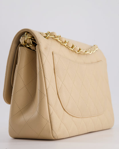 Chanel Beige Jumbo Classic Double Flap Bag in Caviar Leather with Gold Hardware