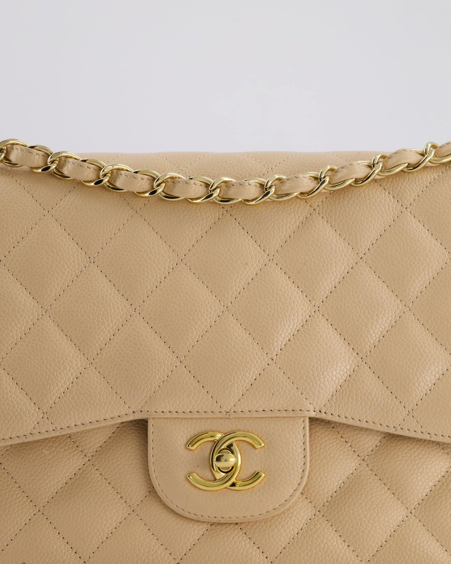 Chanel Beige Jumbo Classic Double Flap Bag in Caviar Leather with Gold Hardware