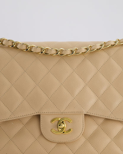 Chanel Beige Jumbo Classic Double Flap Bag in Caviar Leather with Gold Hardware