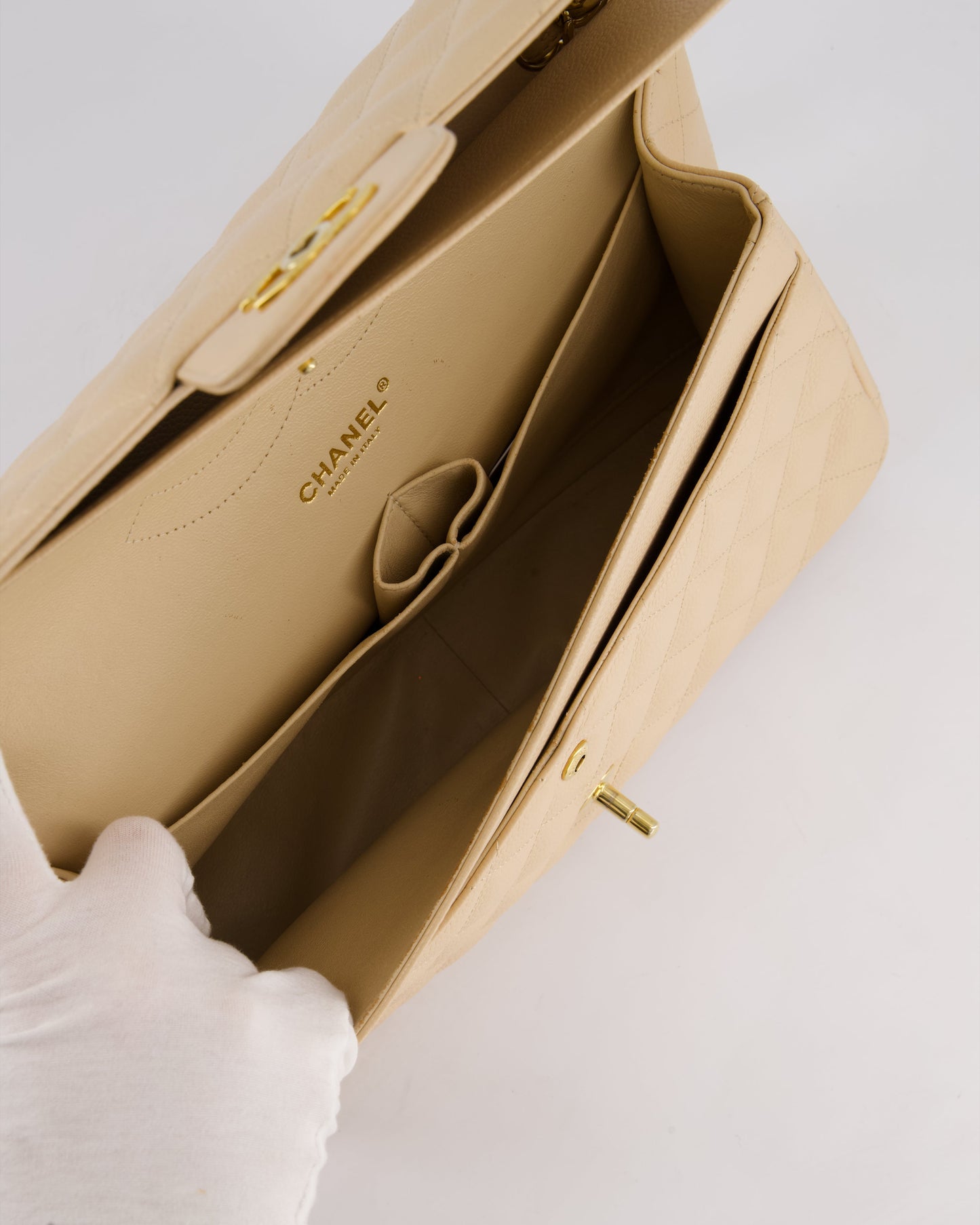 Chanel Beige Jumbo Classic Double Flap Bag in Caviar Leather with Gold Hardware