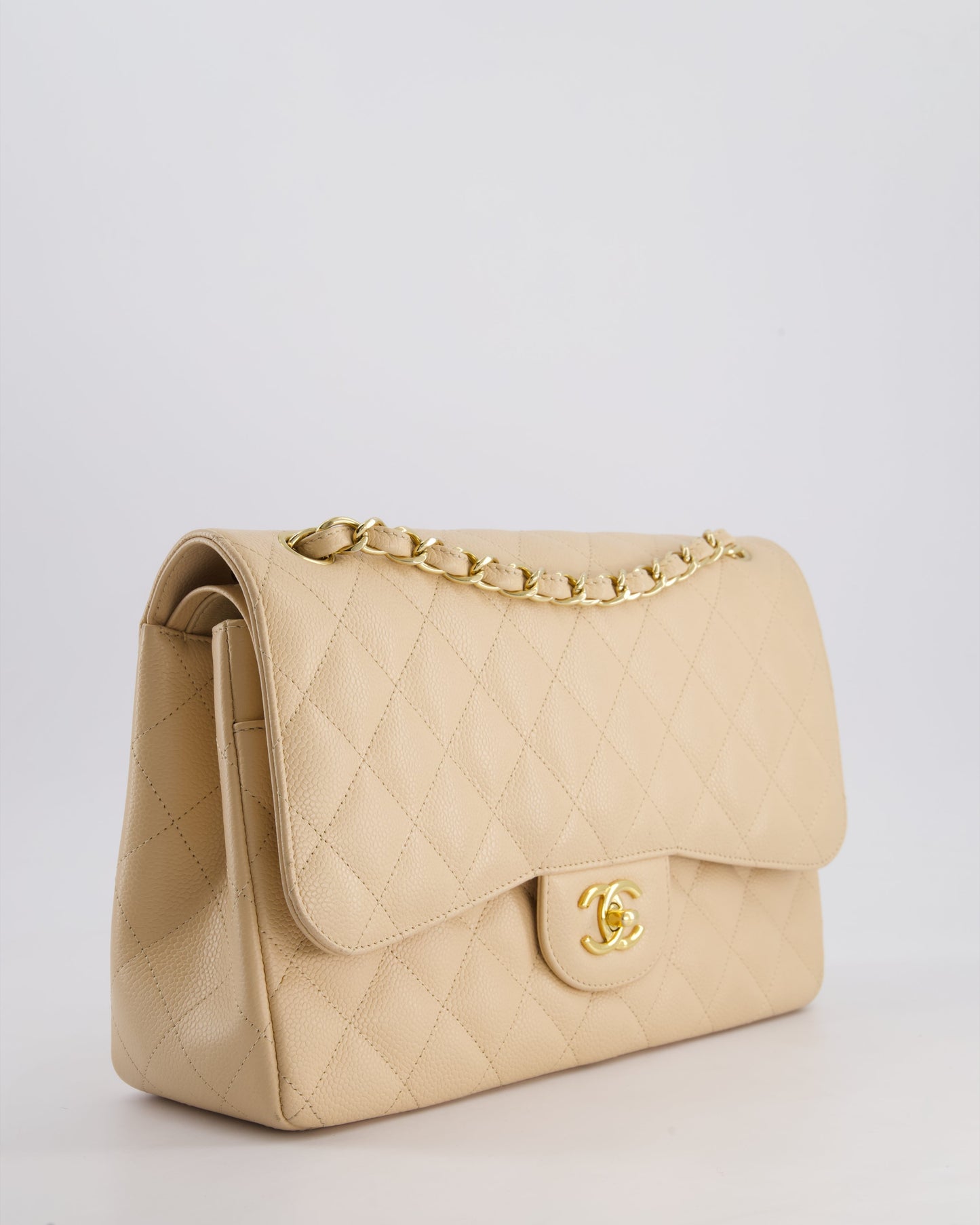 Chanel Beige Jumbo Classic Double Flap Bag in Caviar Leather with Gold Hardware