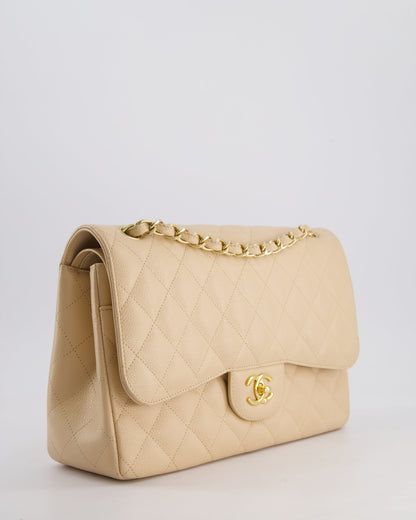 Chanel Beige Jumbo Classic Double Flap Bag in Caviar Leather with Gold Hardware