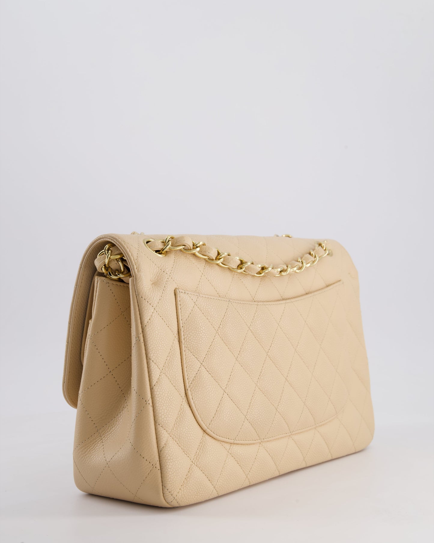 Chanel Beige Jumbo Classic Double Flap Bag in Caviar Leather with Gold Hardware