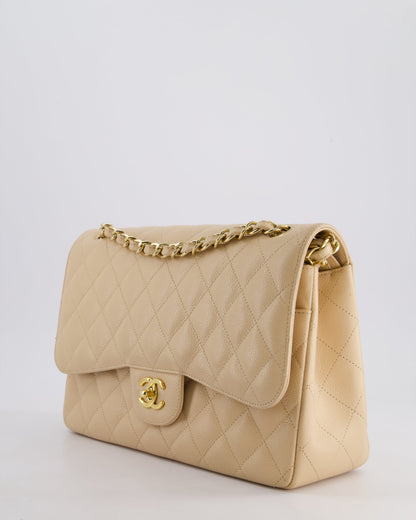 Chanel Beige Jumbo Classic Double Flap Bag in Caviar Leather with Gold Hardware