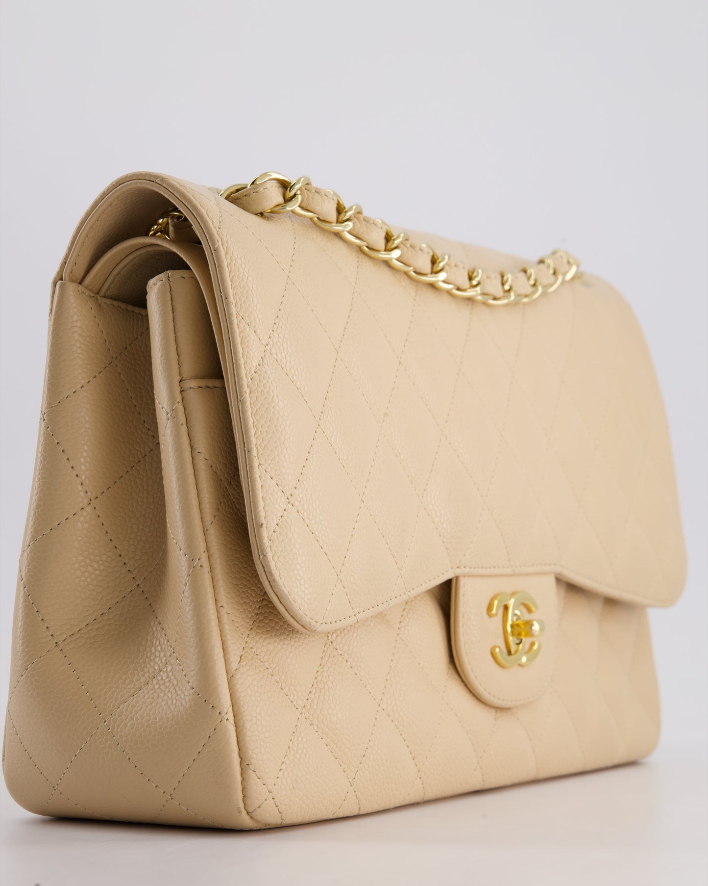Chanel Beige Jumbo Classic Double Flap Bag in Caviar Leather with Gold Hardware
