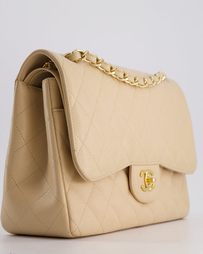 Chanel Beige Jumbo Classic Double Flap Bag in Caviar Leather with Gold Hardware