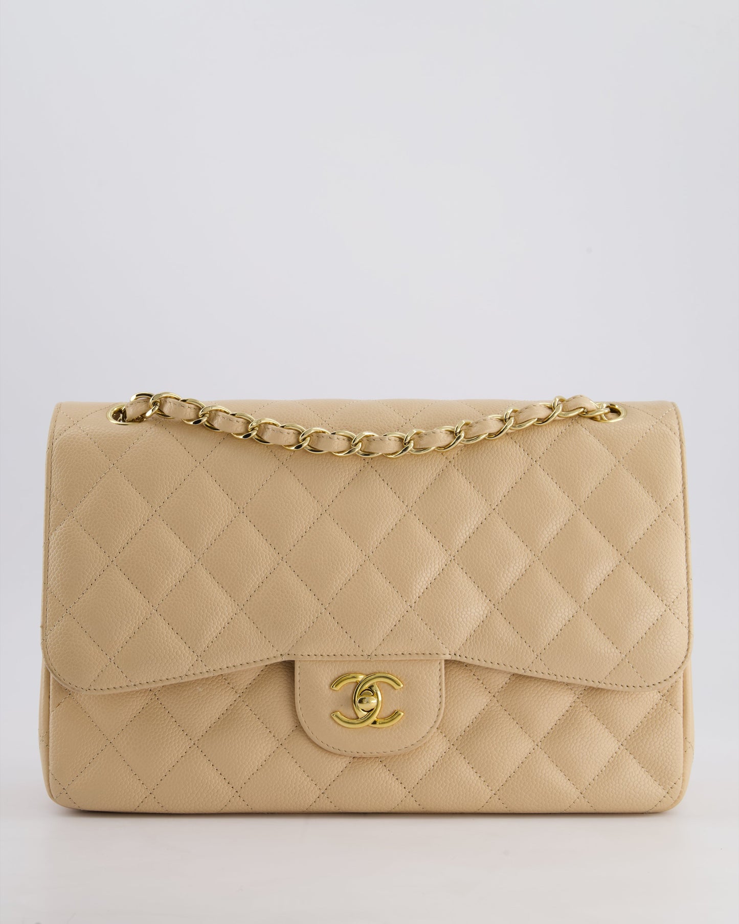 Chanel Beige Jumbo Classic Double Flap Bag in Caviar Leather with Gold Hardware