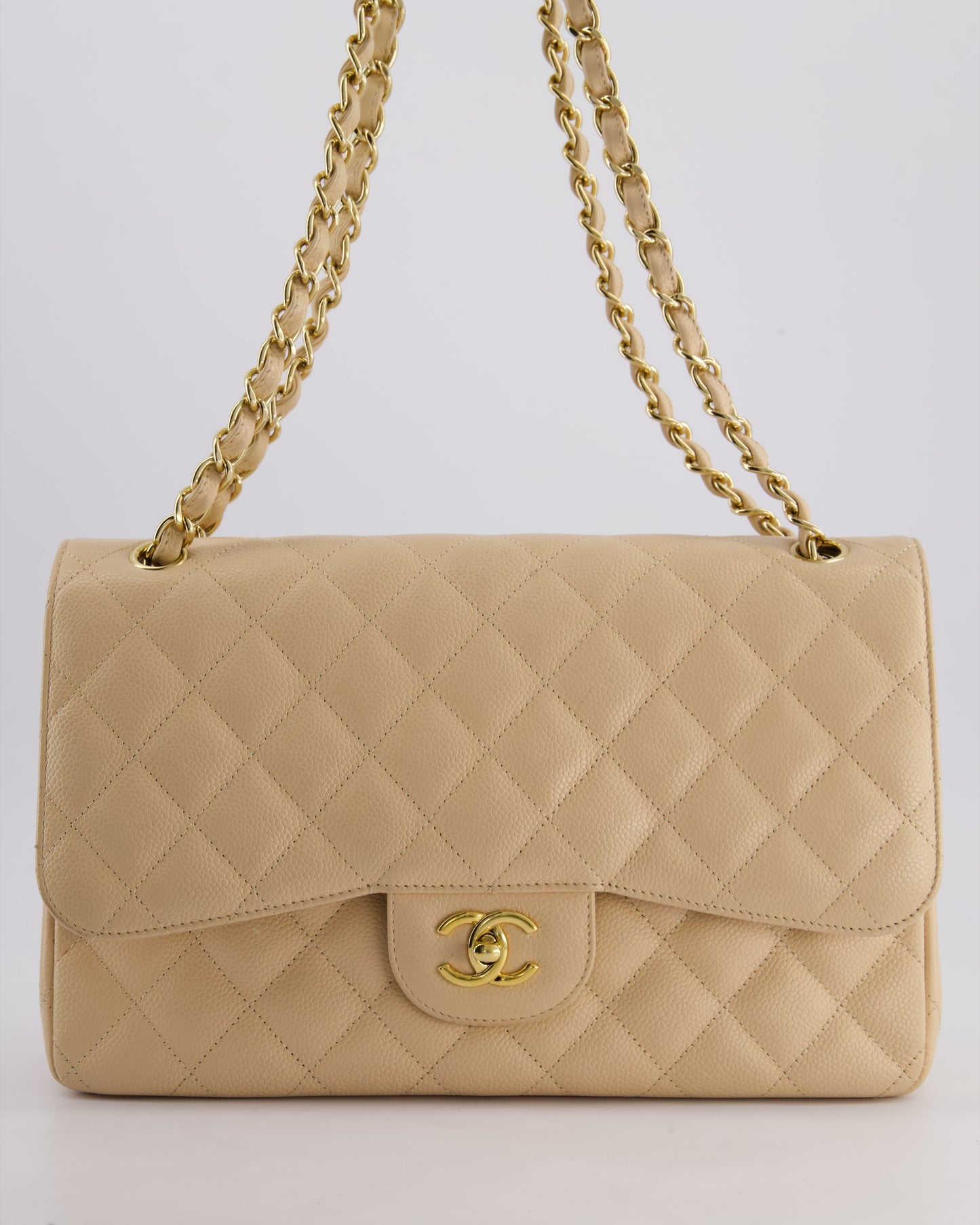 Chanel Beige Jumbo Classic Double Flap Bag in Caviar Leather with Gold Hardware