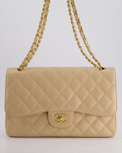 Chanel Beige Jumbo Classic Double Flap Bag in Caviar Leather with Gold Hardware
