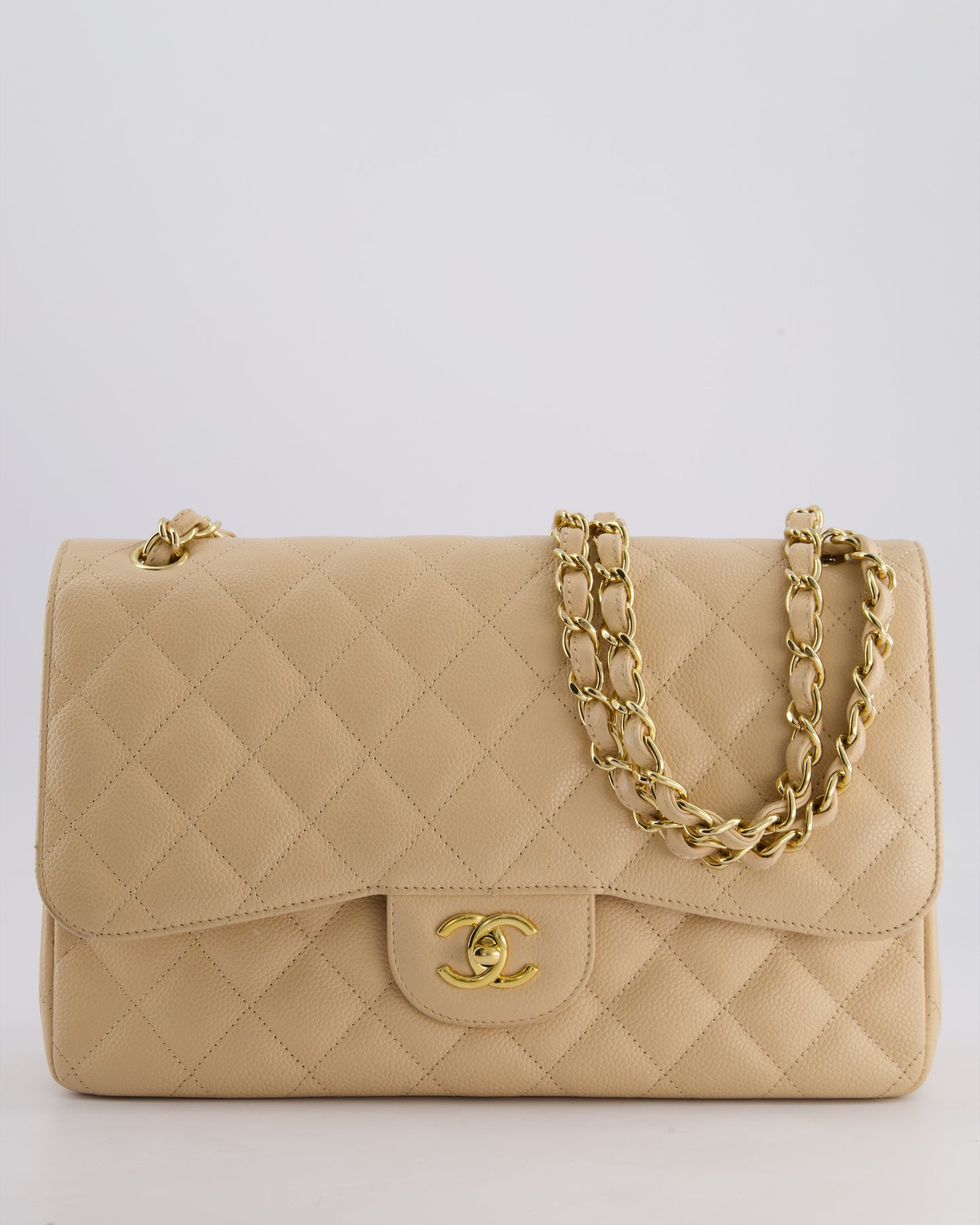 Chanel Beige Jumbo Classic Double Flap Bag in Caviar Leather with Gold Hardware