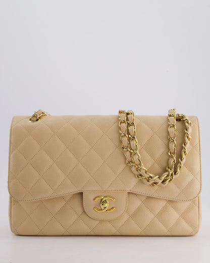 Chanel Beige Jumbo Classic Double Flap Bag in Caviar Leather with Gold Hardware