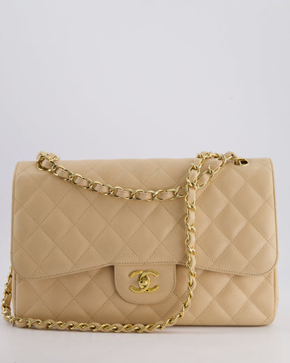Chanel Beige Jumbo Classic Double Flap Bag in Caviar Leather with Gold Hardware