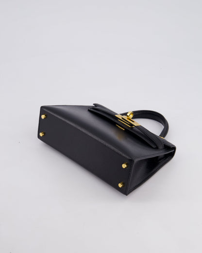 *HOT* Hermès Mini Kelly II 20cm Bag In Black Chèvre Chamkila Leather with Gold Hardware