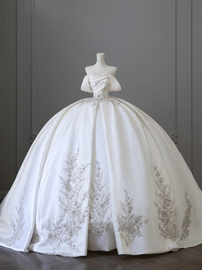 Exquisite white hand-embroidered luxurious off-the-shoulder satin wedding dress P2506