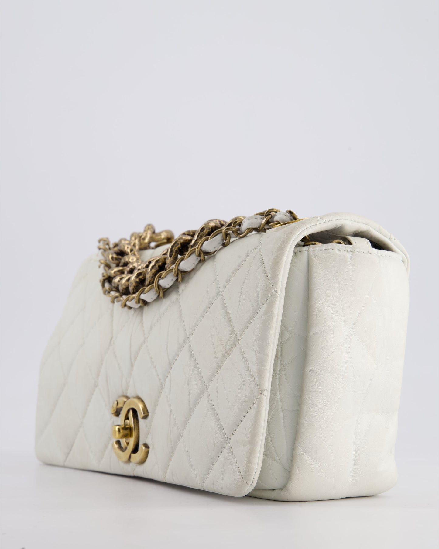 Chanel White Single Flap Bag Aged Calfskin Leather with Antique Gold Hardware