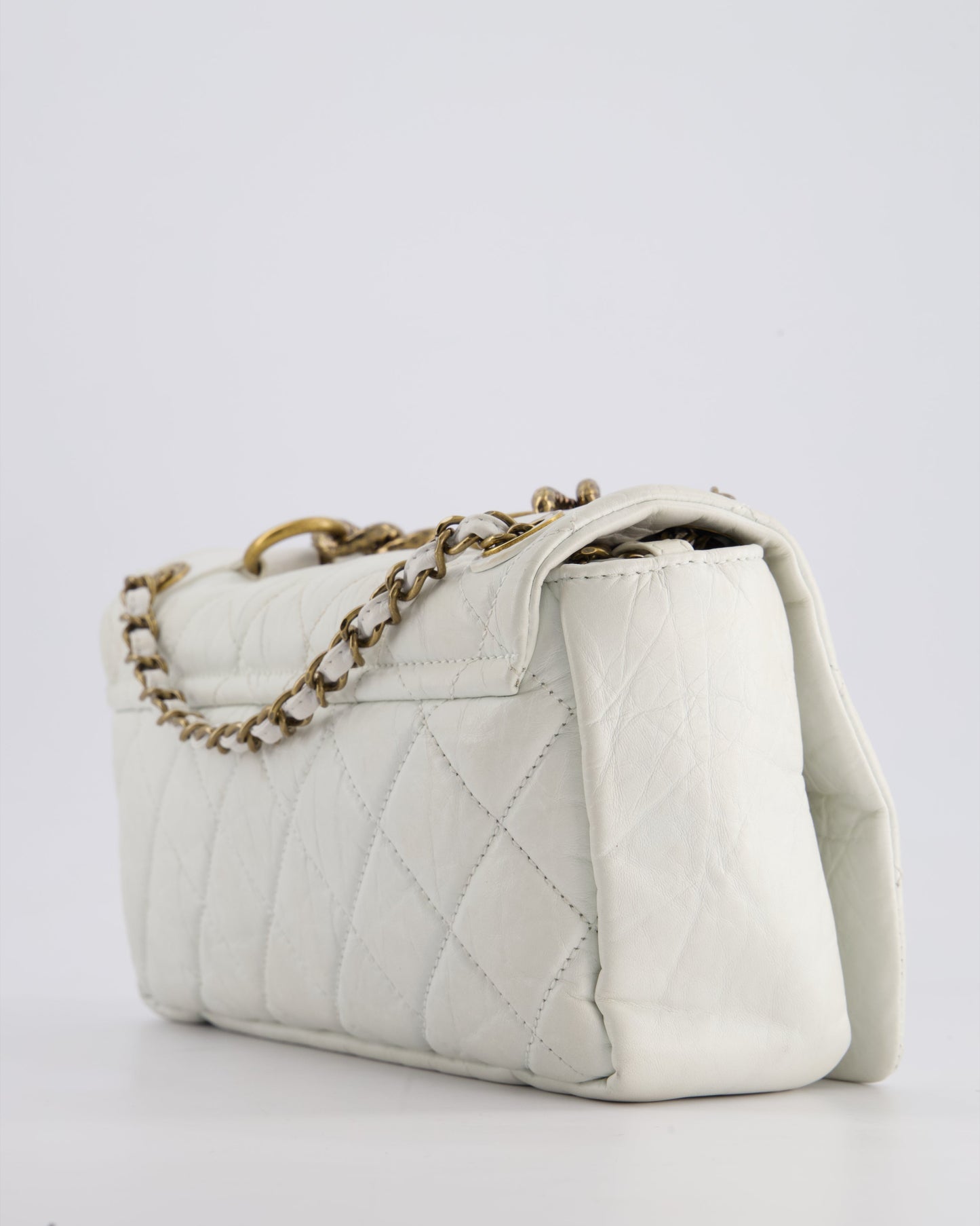 Chanel White Single Flap Bag Aged Calfskin Leather with Antique Gold Hardware