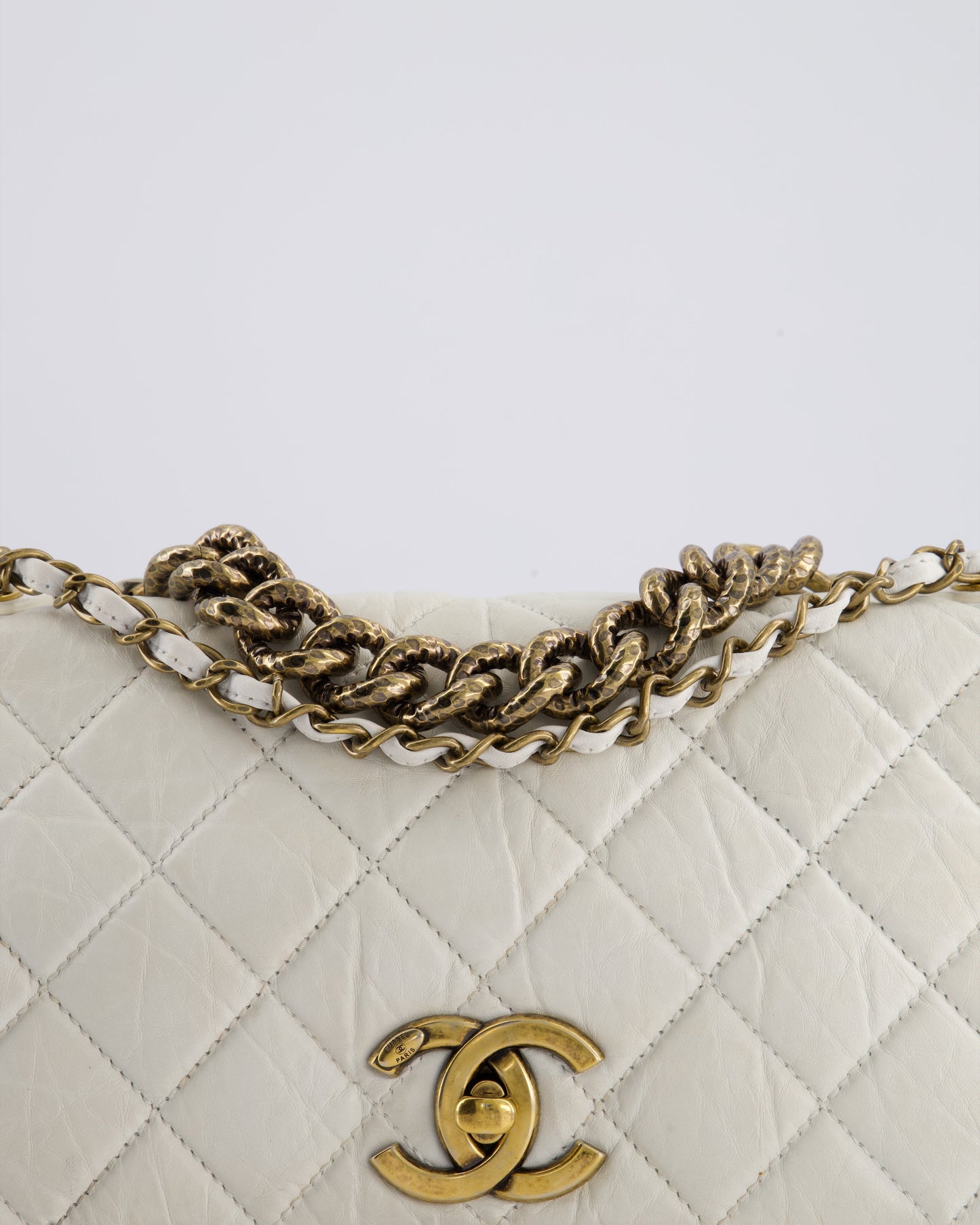 Chanel White Single Flap Bag Aged Calfskin Leather with Antique Gold Hardware