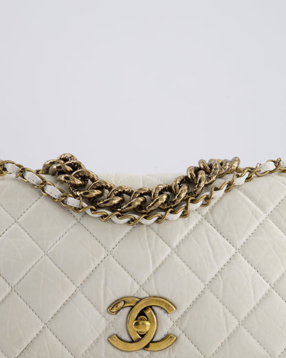 Chanel White Single Flap Bag Aged Calfskin Leather with Antique Gold Hardware