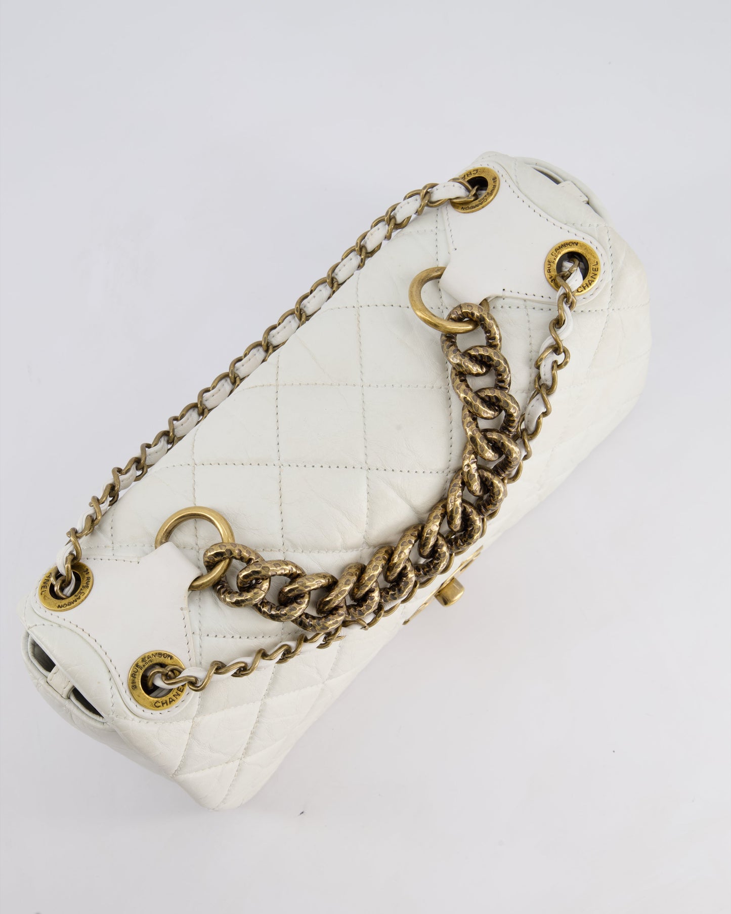 Chanel White Single Flap Bag Aged Calfskin Leather with Antique Gold Hardware