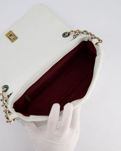 Chanel White Single Flap Bag Aged Calfskin Leather with Antique Gold Hardware