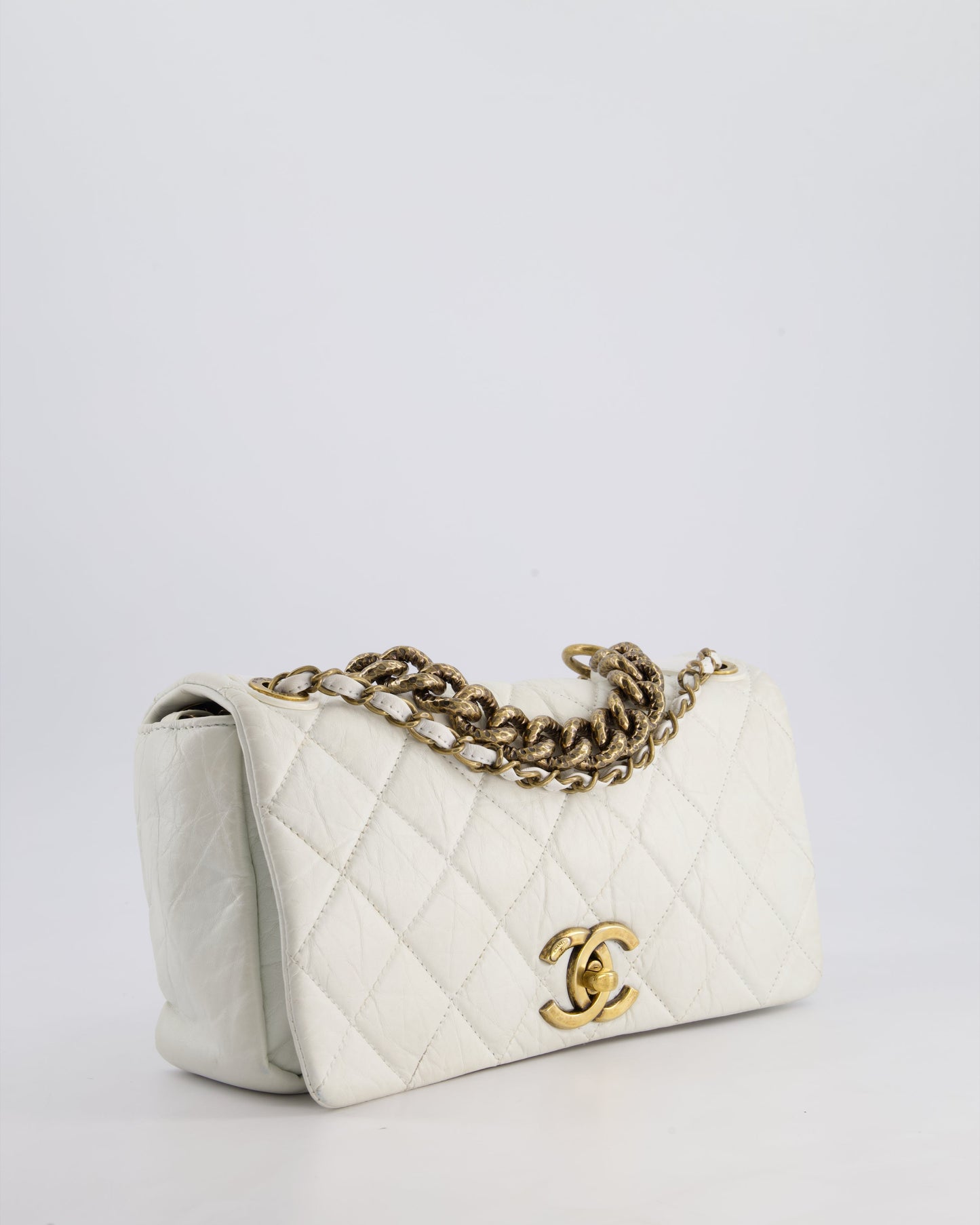 Chanel White Single Flap Bag Aged Calfskin Leather with Antique Gold Hardware