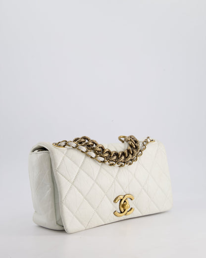 Chanel White Single Flap Bag Aged Calfskin Leather with Antique Gold Hardware