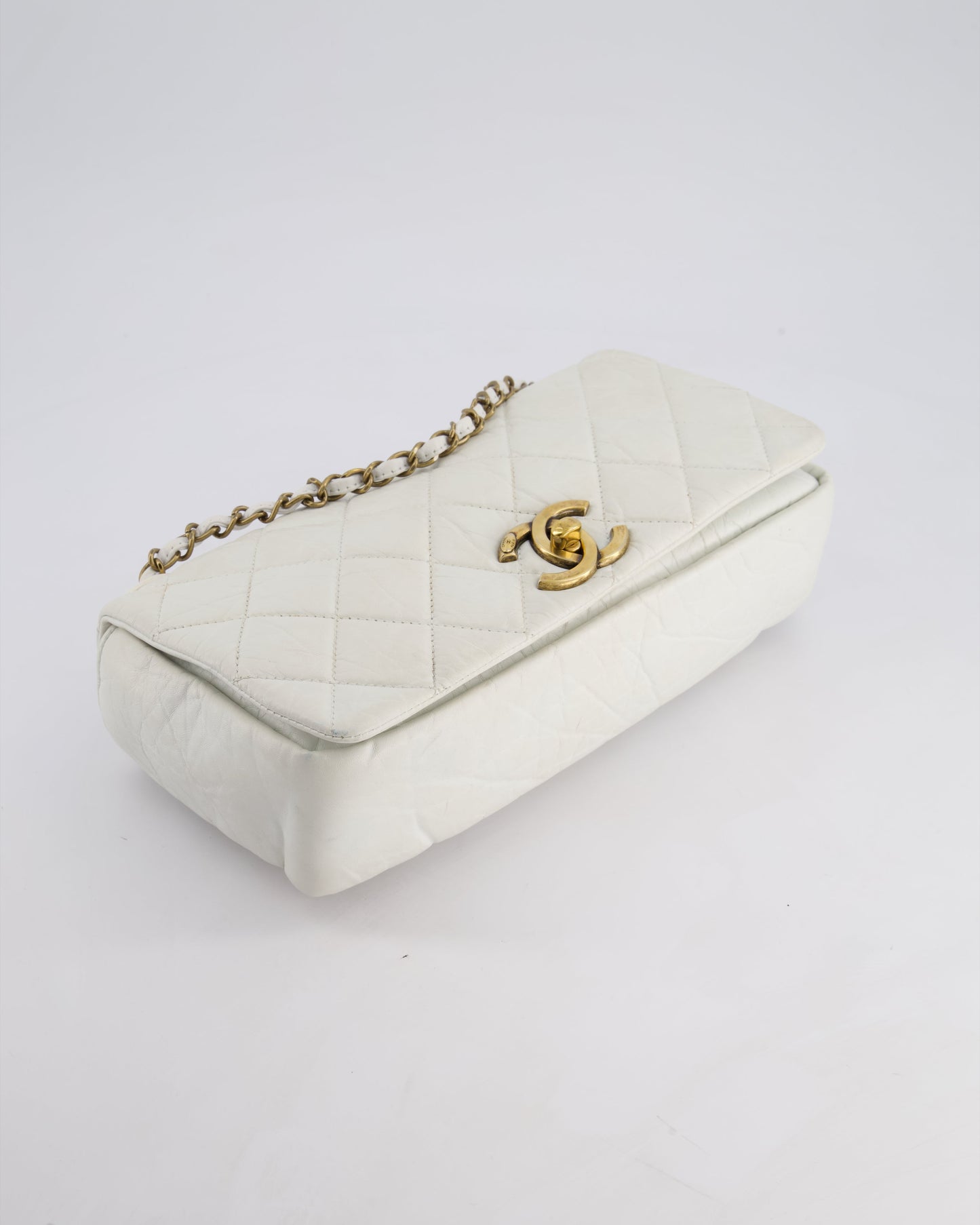 Chanel White Single Flap Bag Aged Calfskin Leather with Antique Gold Hardware