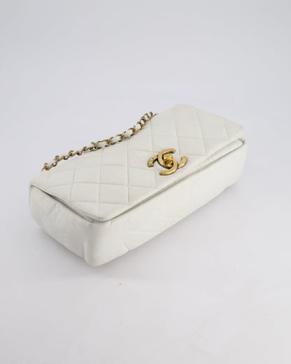 Chanel White Single Flap Bag Aged Calfskin Leather with Antique Gold Hardware