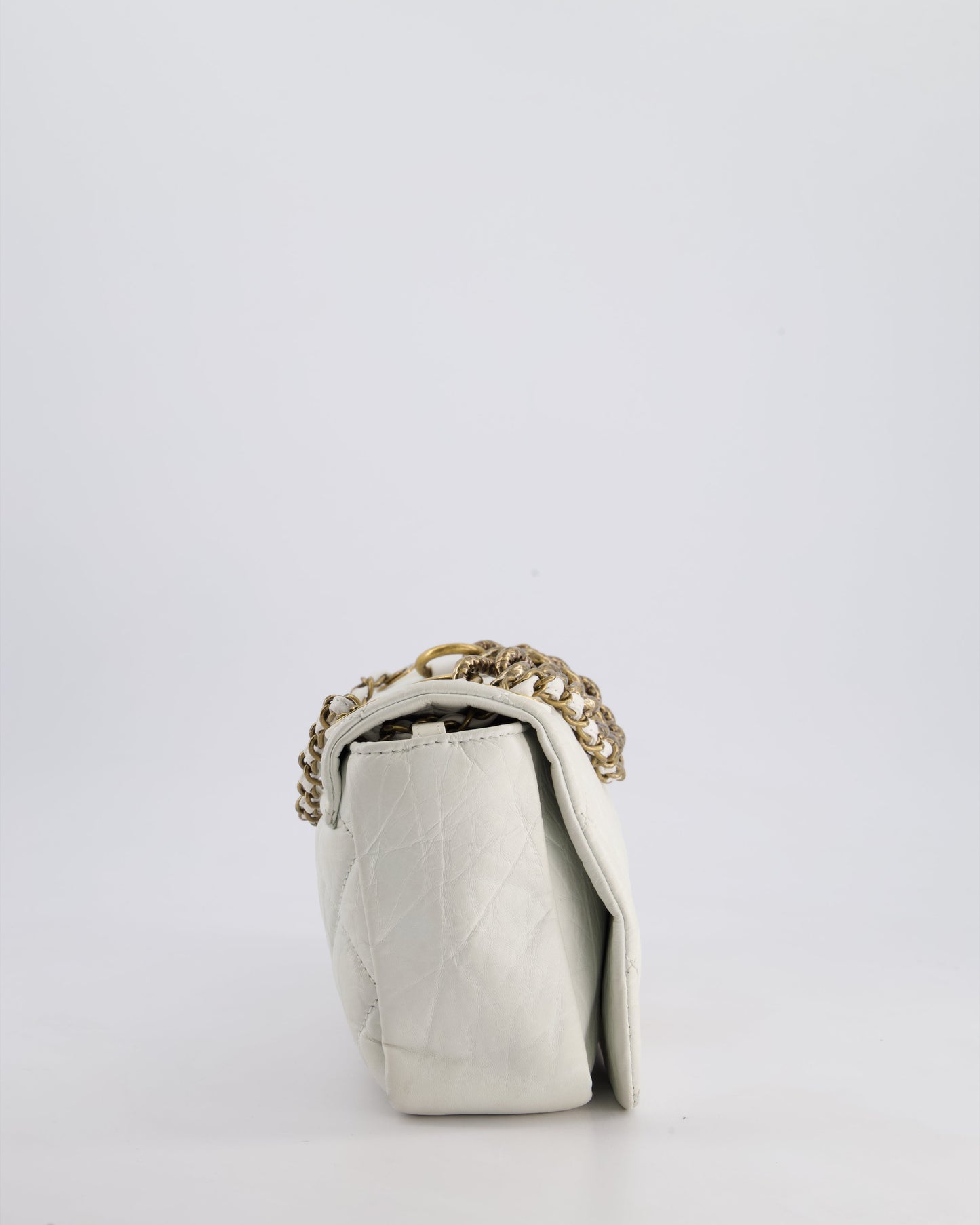 Chanel White Single Flap Bag Aged Calfskin Leather with Antique Gold Hardware