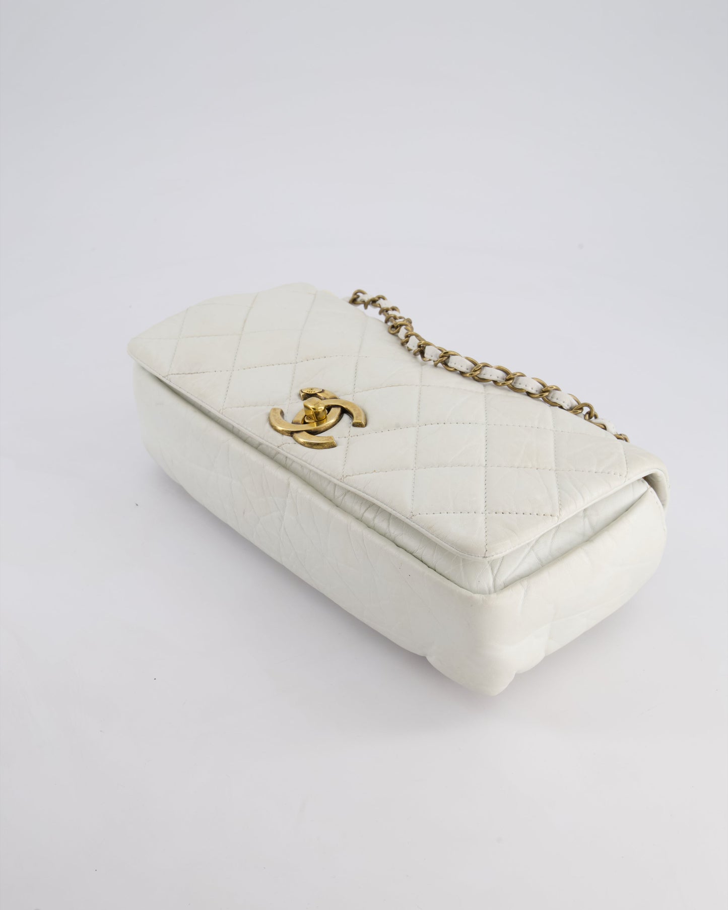Chanel White Single Flap Bag Aged Calfskin Leather with Antique Gold Hardware