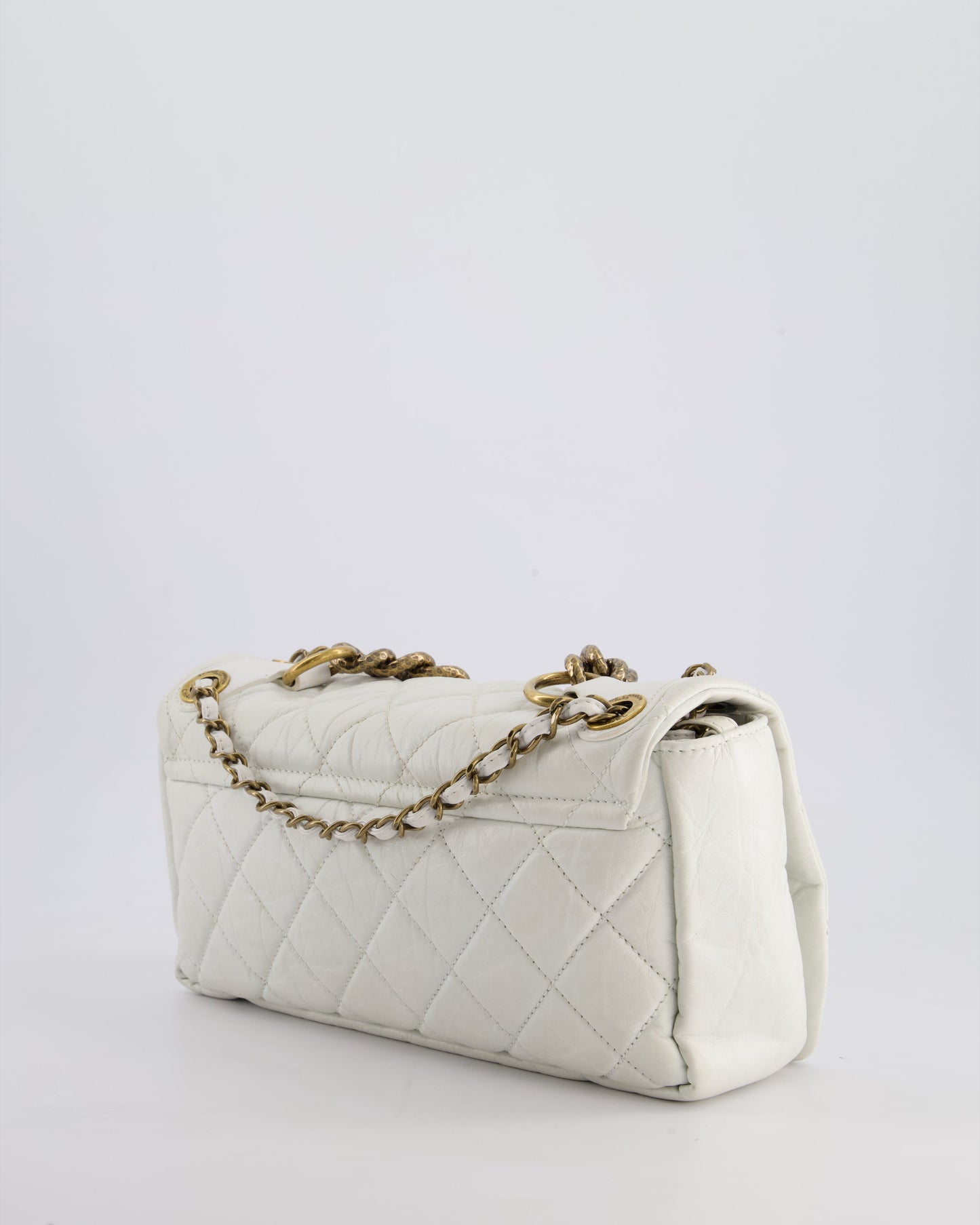 Chanel White Single Flap Bag Aged Calfskin Leather with Antique Gold Hardware