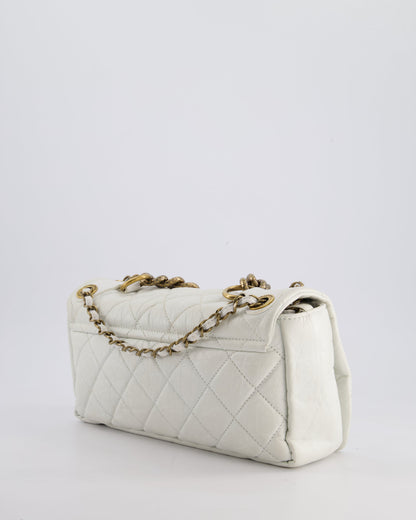 Chanel White Single Flap Bag Aged Calfskin Leather with Antique Gold Hardware