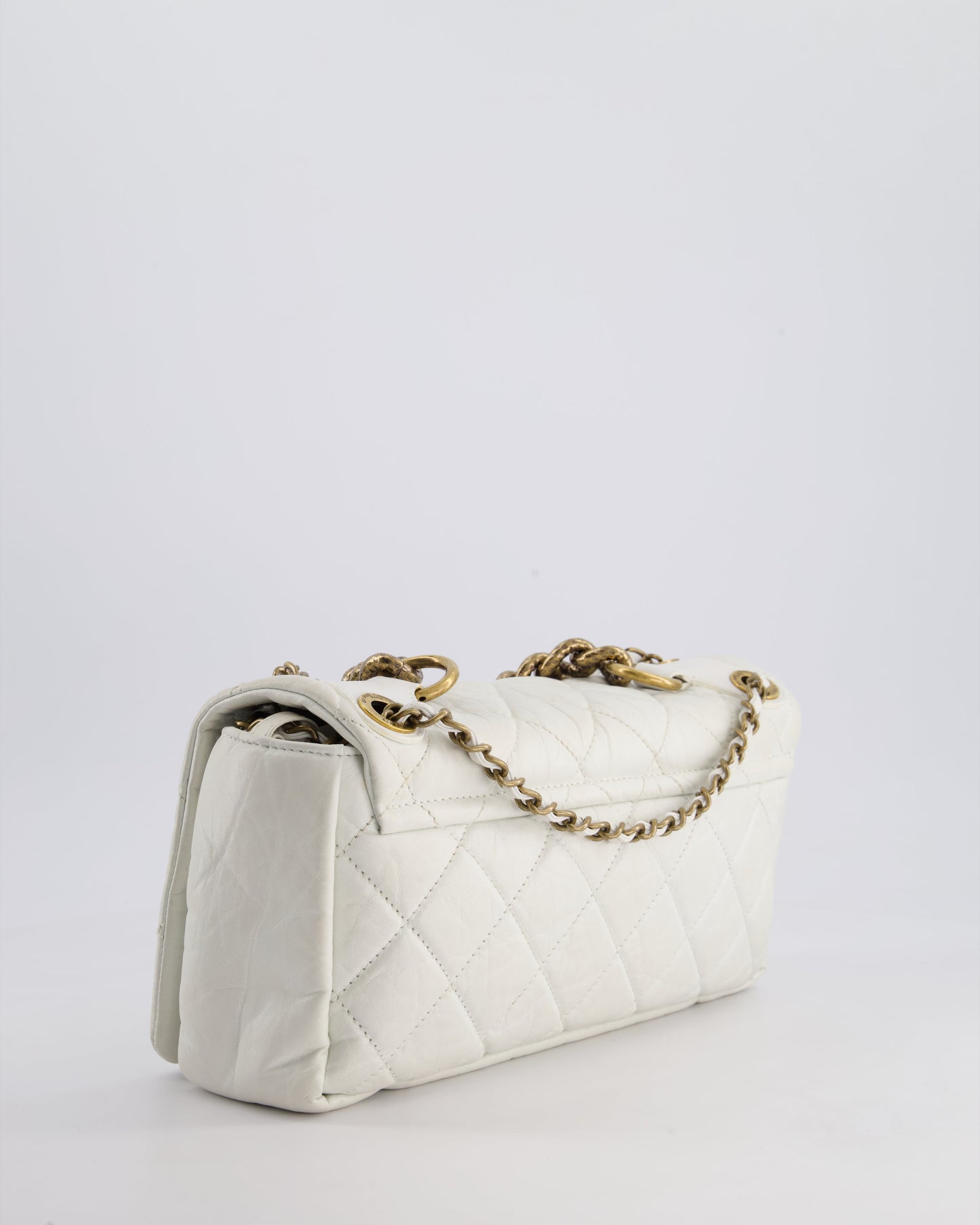 Chanel White Single Flap Bag Aged Calfskin Leather with Antique Gold Hardware