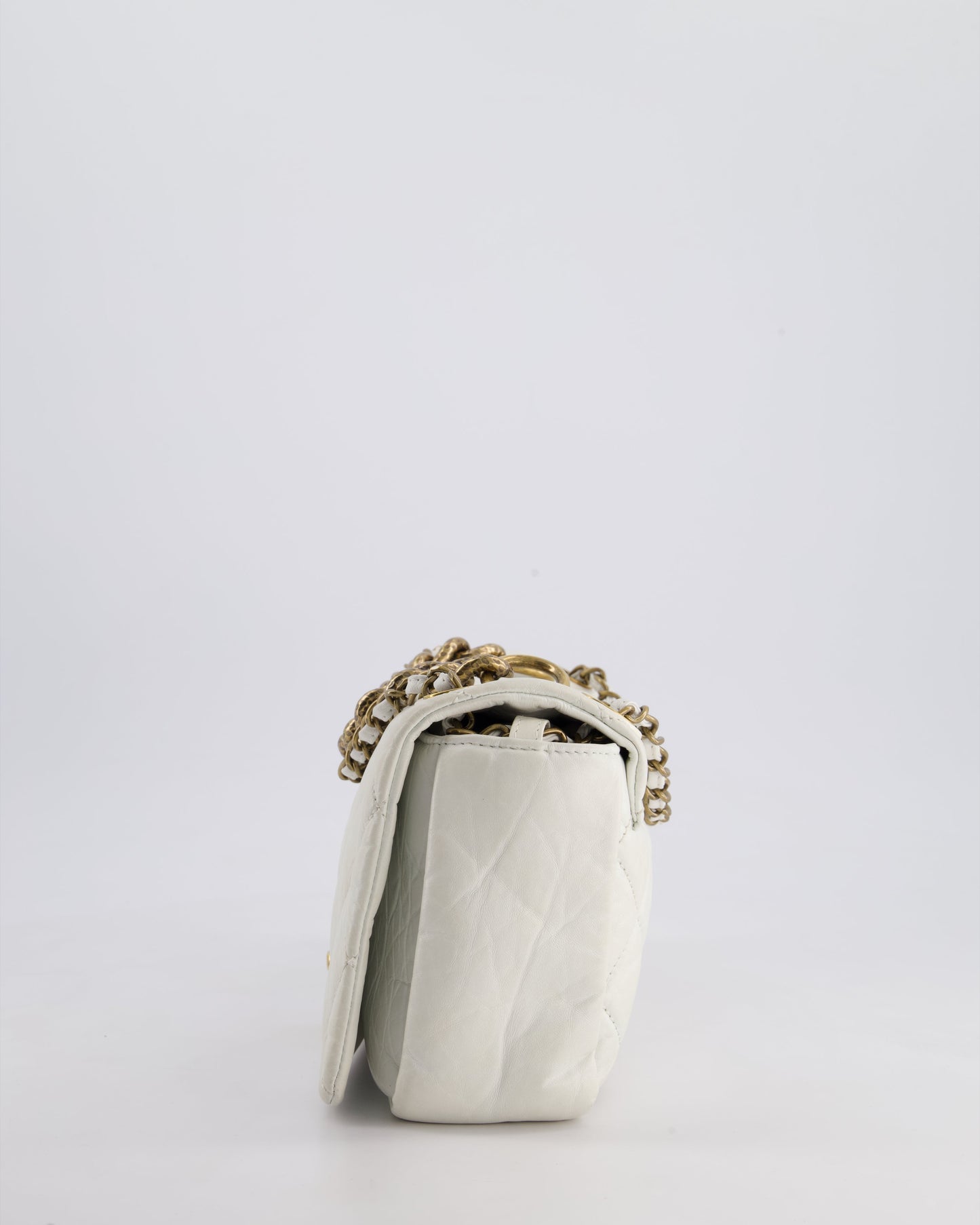 Chanel White Single Flap Bag Aged Calfskin Leather with Antique Gold Hardware