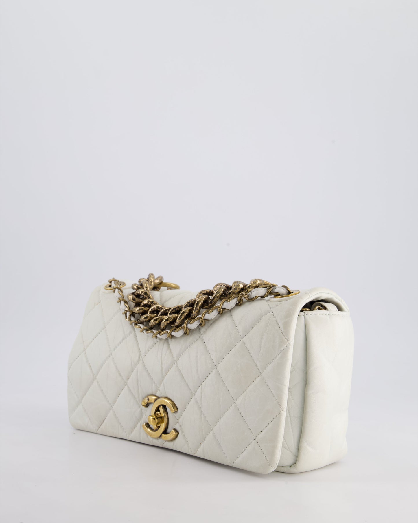 Chanel White Single Flap Bag Aged Calfskin Leather with Antique Gold Hardware