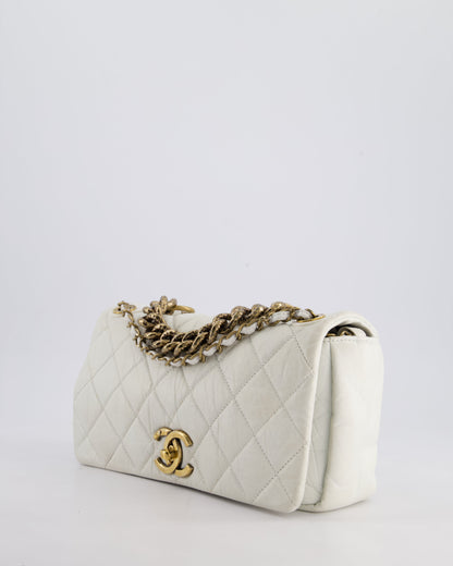 Chanel White Single Flap Bag Aged Calfskin Leather with Antique Gold Hardware