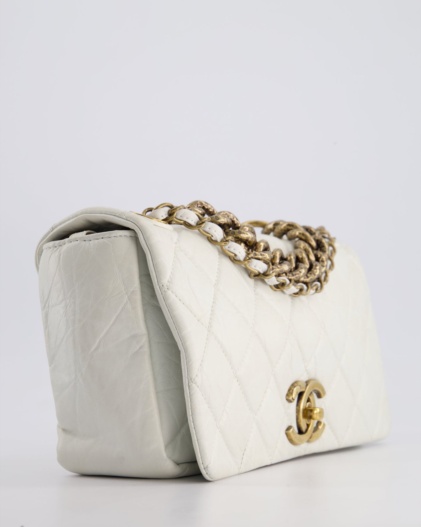 Chanel White Single Flap Bag Aged Calfskin Leather with Antique Gold Hardware