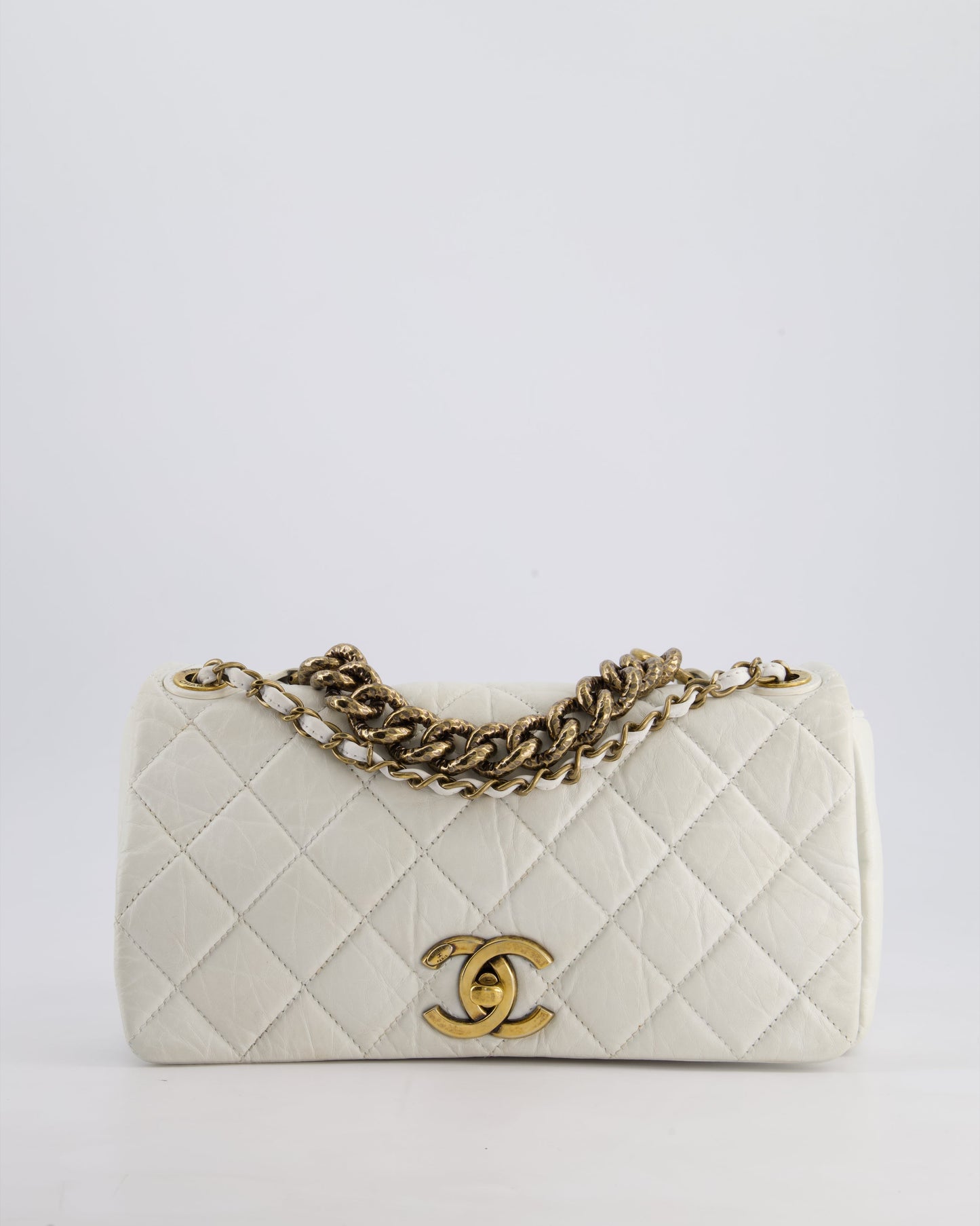 Chanel White Single Flap Bag Aged Calfskin Leather with Antique Gold Hardware