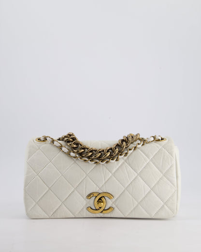 Chanel White Single Flap Bag Aged Calfskin Leather with Antique Gold Hardware
