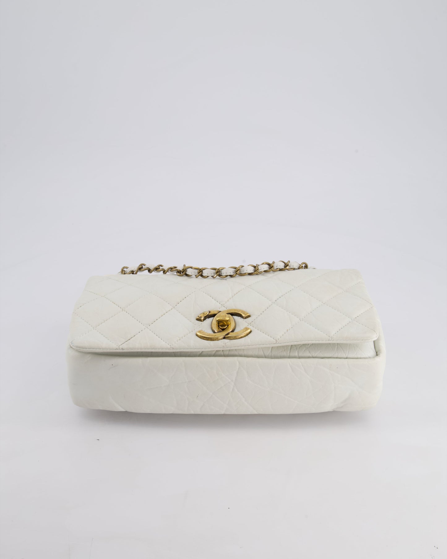 Chanel White Single Flap Bag Aged Calfskin Leather with Antique Gold Hardware