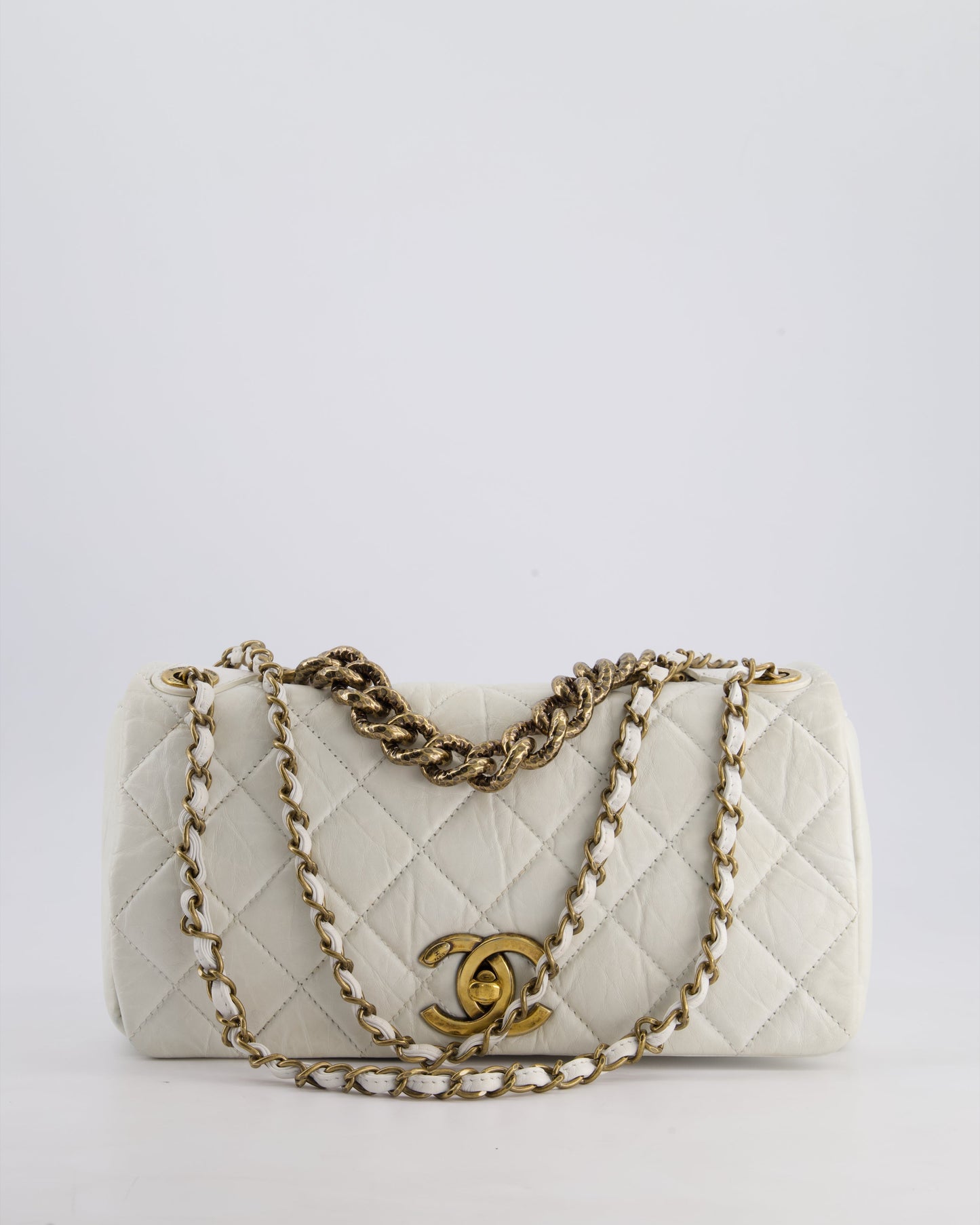 Chanel White Single Flap Bag Aged Calfskin Leather with Antique Gold Hardware