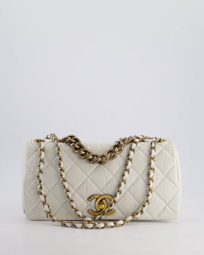 Chanel White Single Flap Bag Aged Calfskin Leather with Antique Gold Hardware