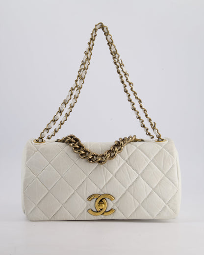 Chanel White Single Flap Bag Aged Calfskin Leather with Antique Gold Hardware