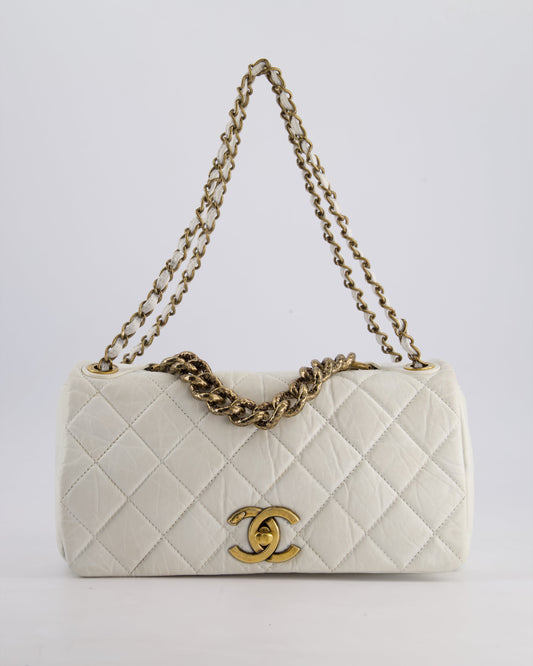 Chanel White Single Flap Bag Aged Calfskin Leather with Antique Gold Hardware